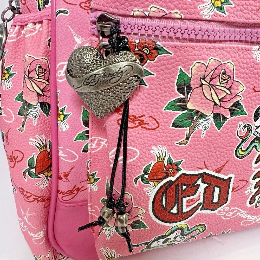 Ed Hardy Pink Multi Backpack NWT Rhinestone Hearts Skull Rose Tattoo Print Bag